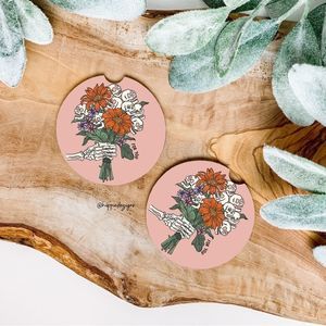 Floral Skeleton Bouquet Halloween Car Coaster Set